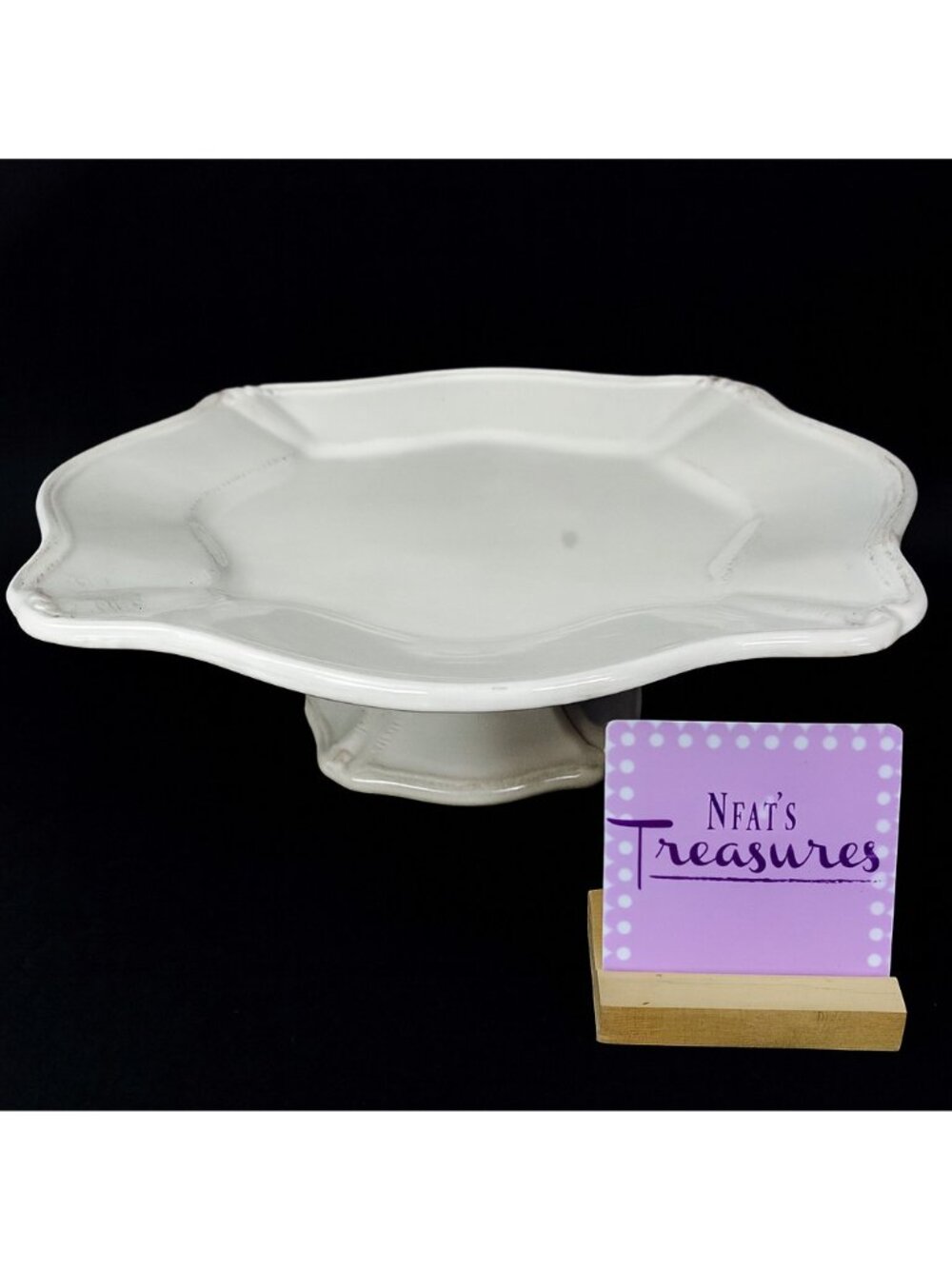 Signature ISBELLA Ivory  Embossed Edge  Scalloped 13" Pedestal Cake Stand Plate